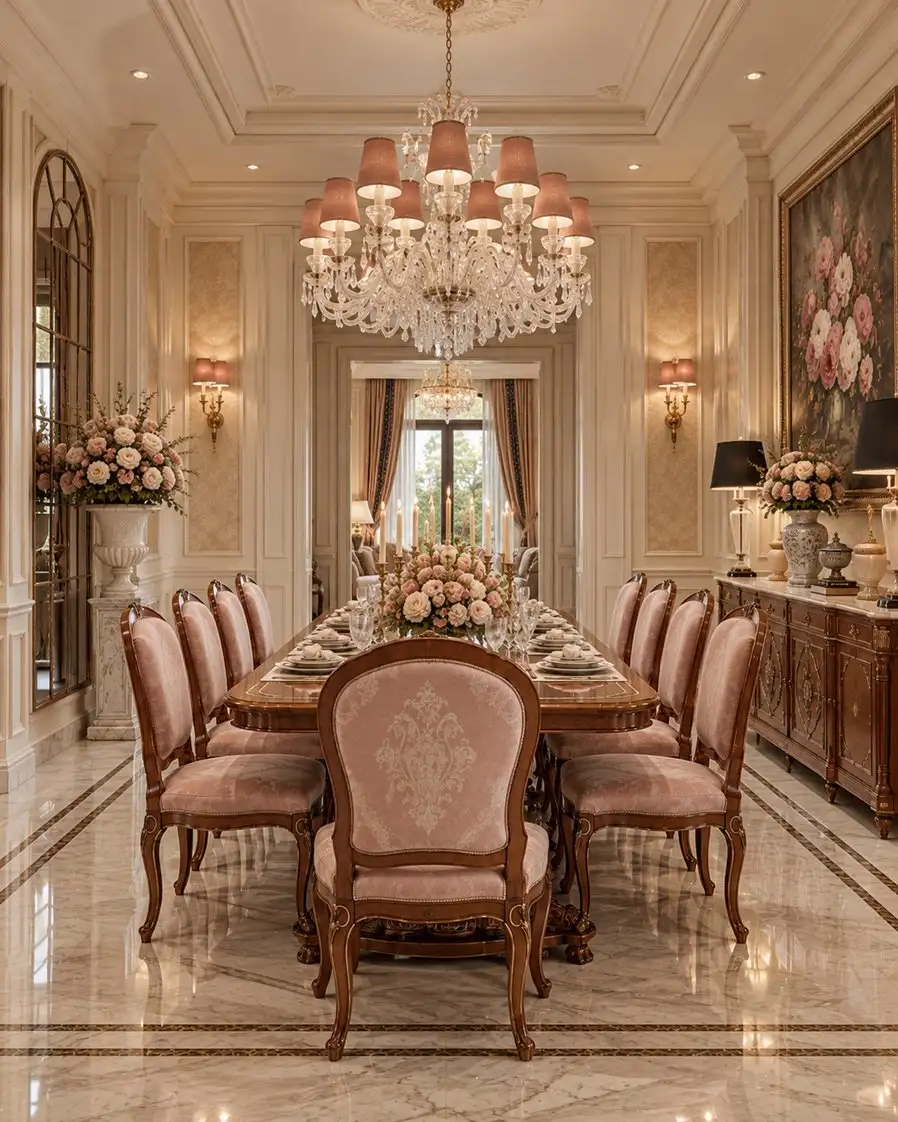 Dining room seen from the end of the table