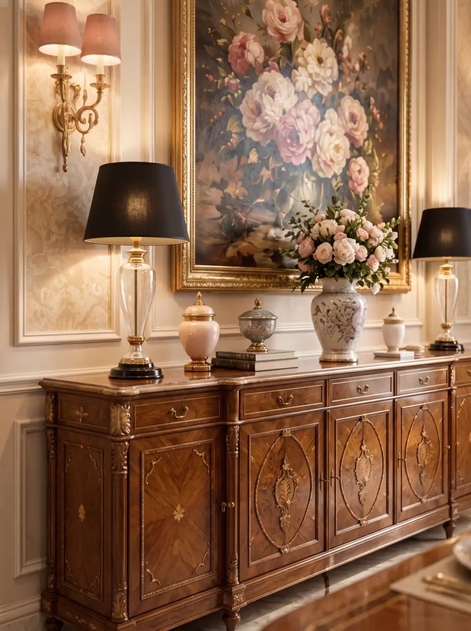 Floral painting above a timber sideboard