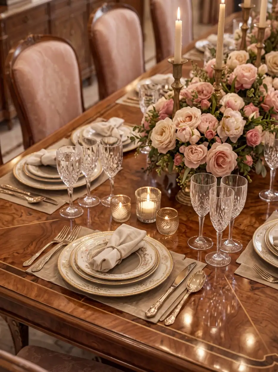 Table set with roses, crystal and gold-rimmed plates