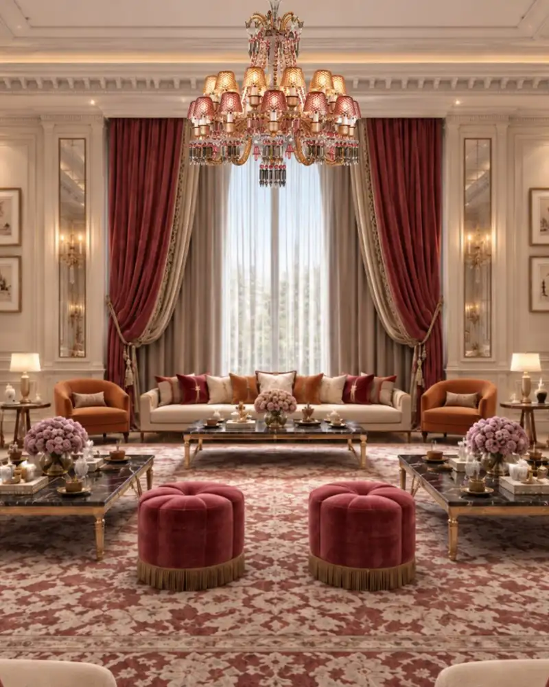 Majlis in ivory and burgundy with velvet poufs and a red crystal chandelier