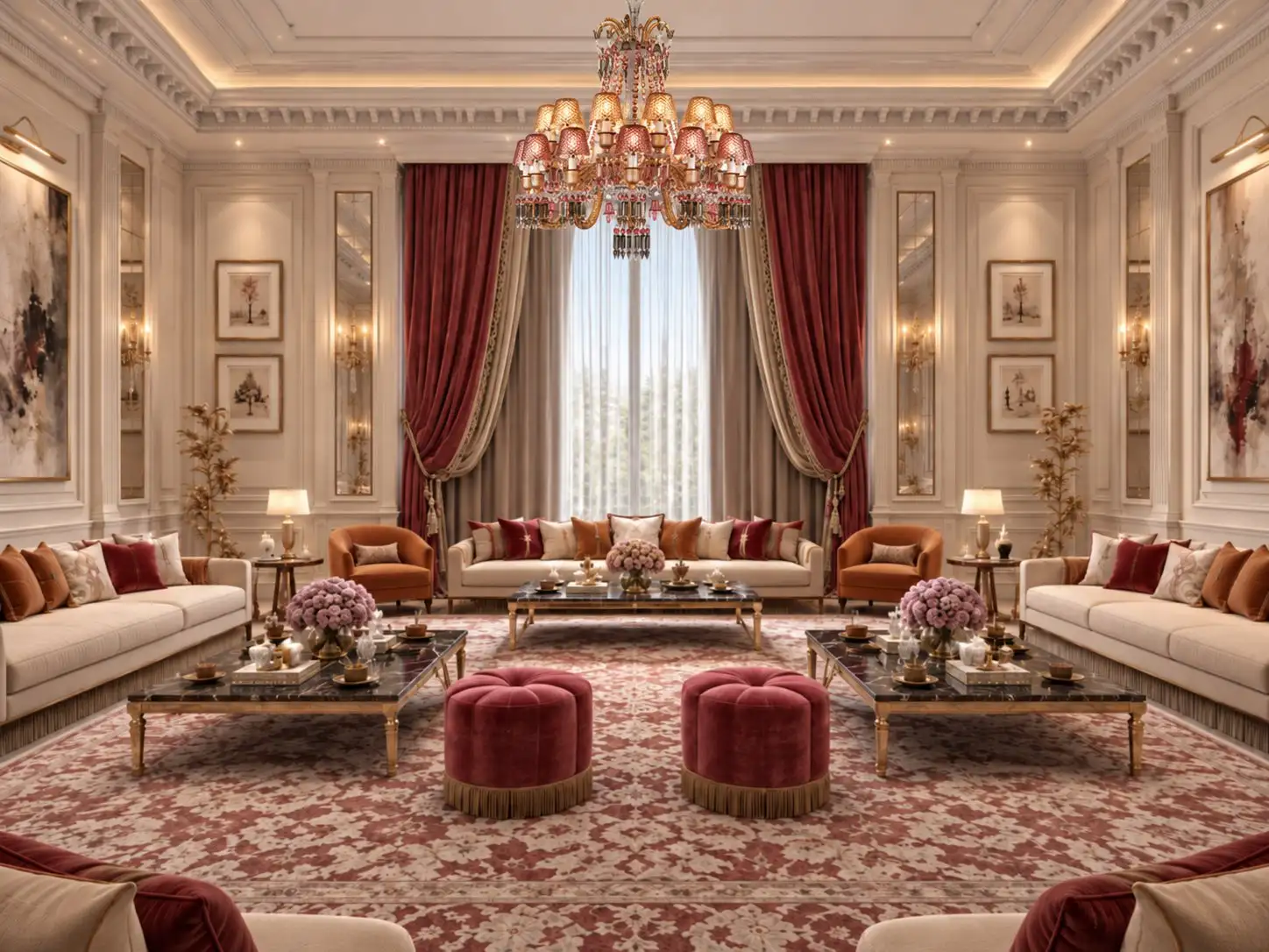 Majlis in ivory and burgundy with velvet poufs and a red crystal chandelier