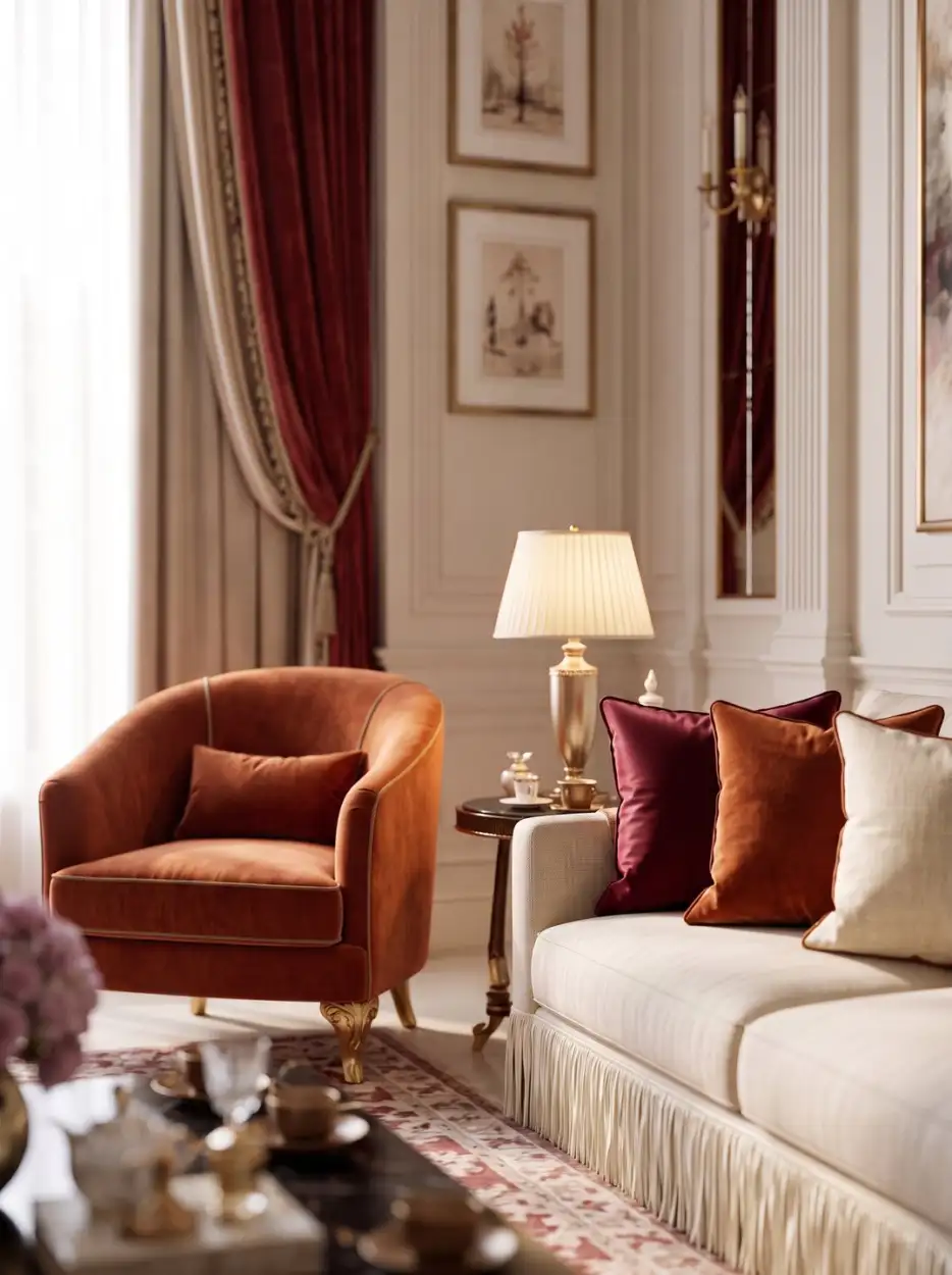 Terracotta velvet armchair beside an ivory sofa
