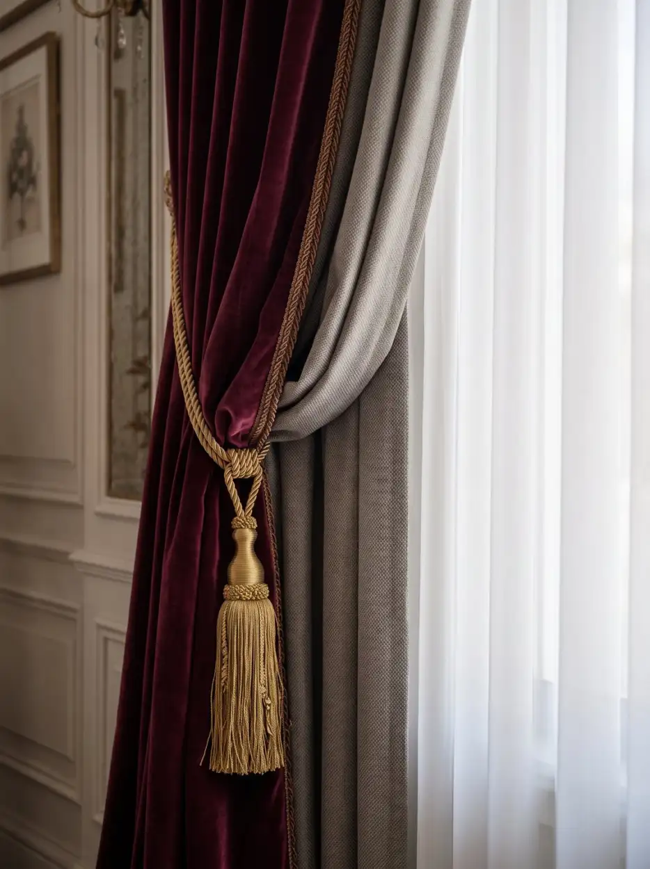 Burgundy velvet curtain with a gold tassel