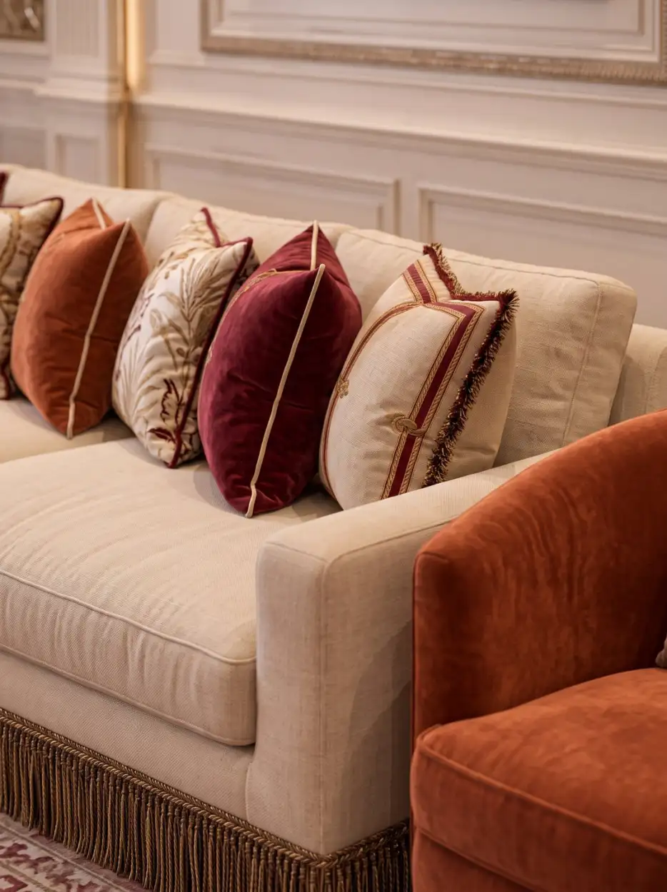 Ivory sofa with burgundy and terracotta cushions