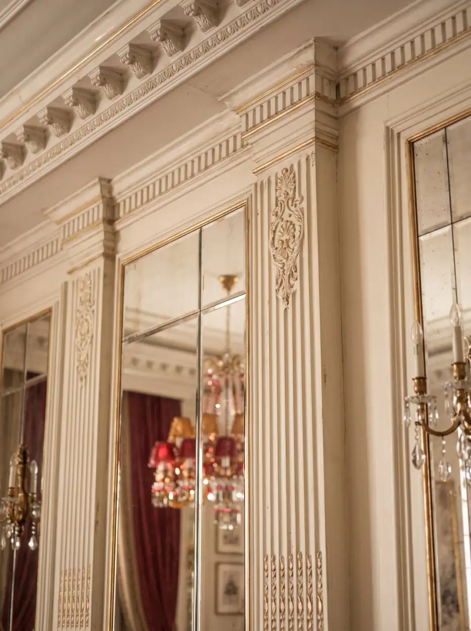 Carved plaster columns and mirrored panels