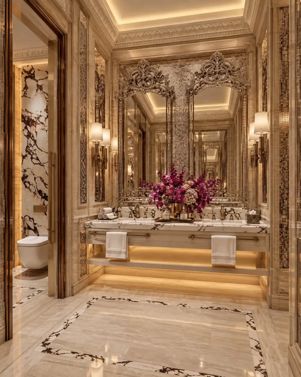 Guest powder room with twin basins and carved gold mirrors