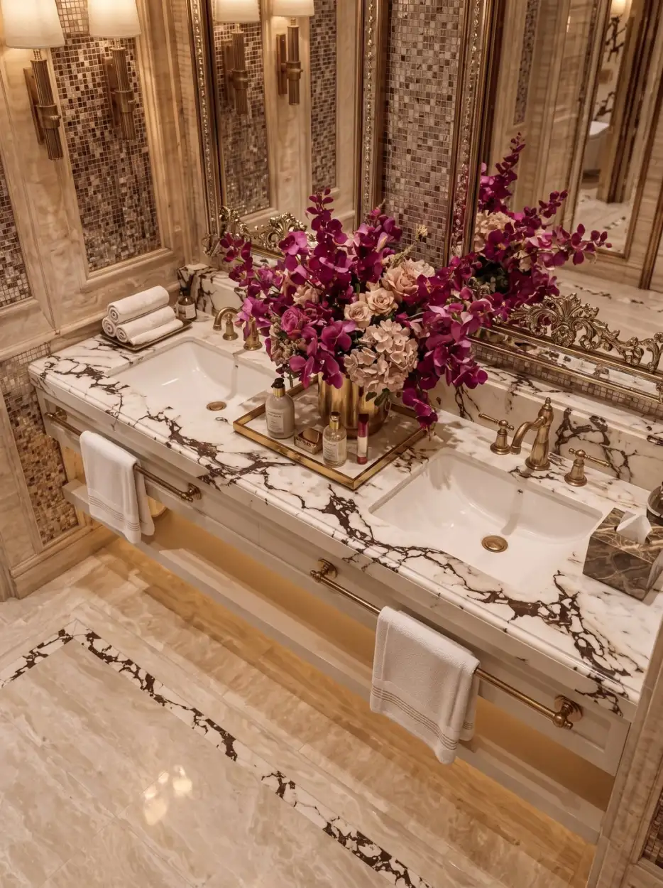 Dark-veined marble counter with fuchsia orchids