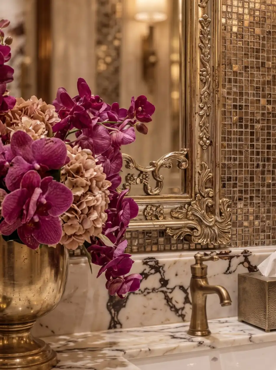 Fuchsia flowers beside a mosaic wall and a bronze tap