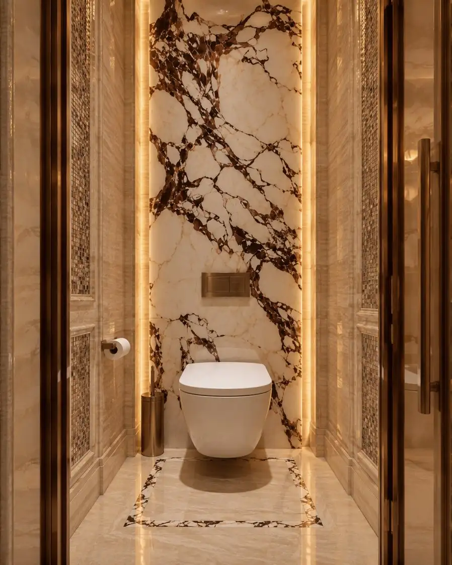 WC lined in dark-veined marble
