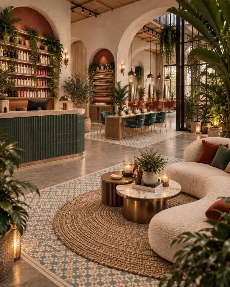 Lounge of curved bouclé seating on a woven rug, with an emerald-tiled reception desk and arched shelves beyond