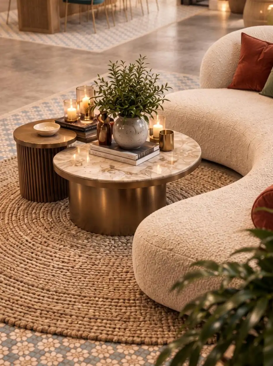 Marble and brass coffee tables with candles beside a curved bouclé sofa