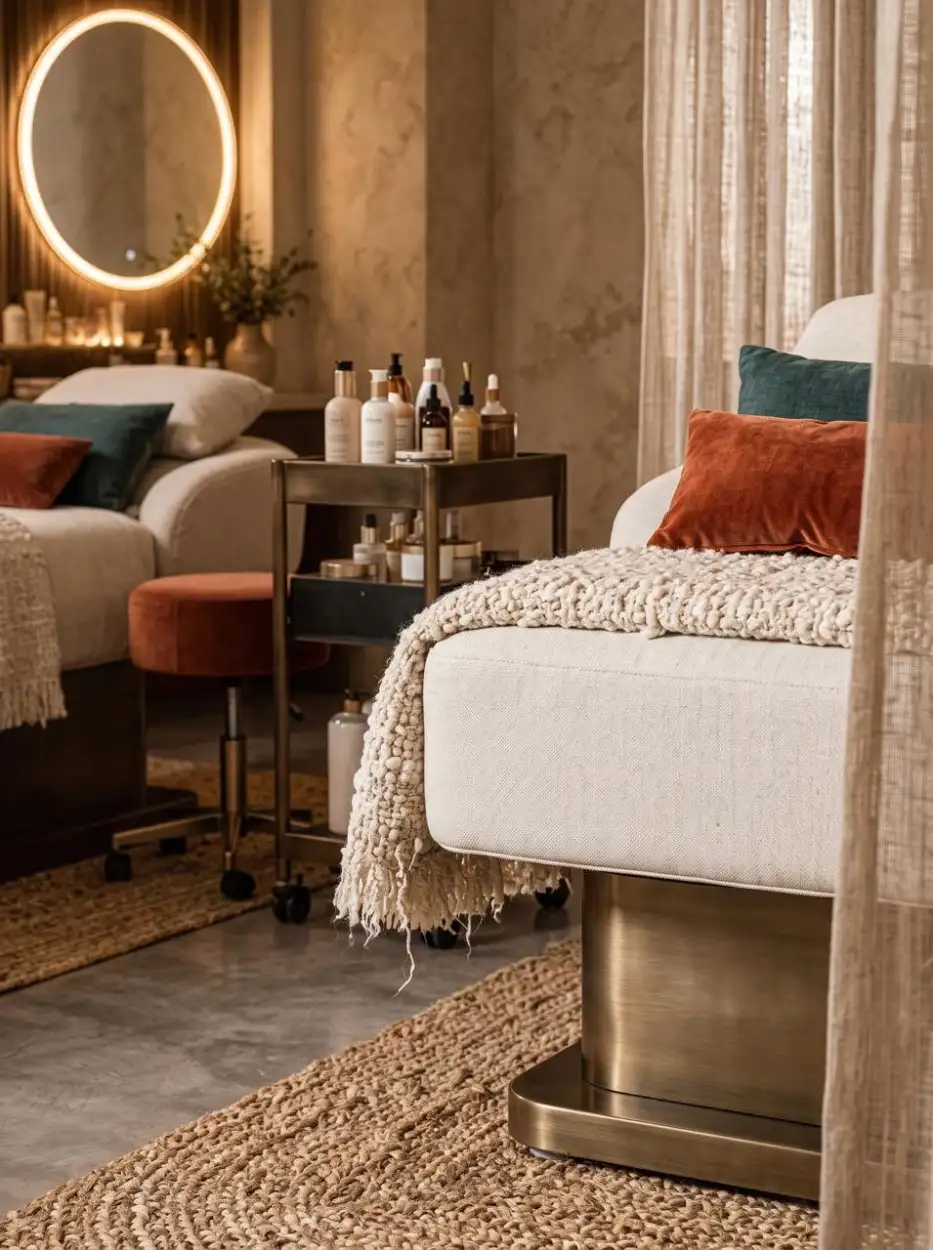 Treatment bed with a knitted throw, a brass trolley and a round lit mirror