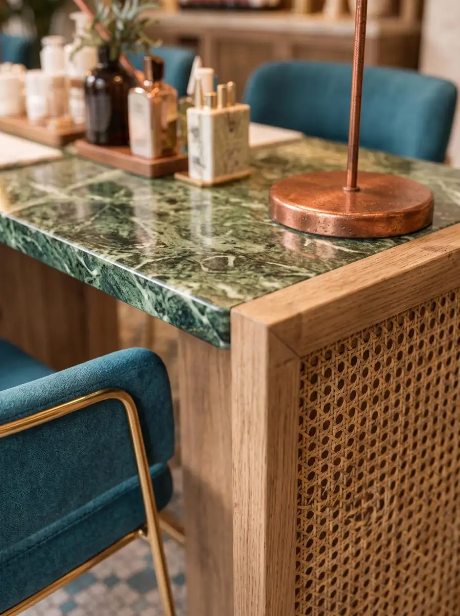 Green marble nail table on a cane-panelled oak base, with a copper lamp
