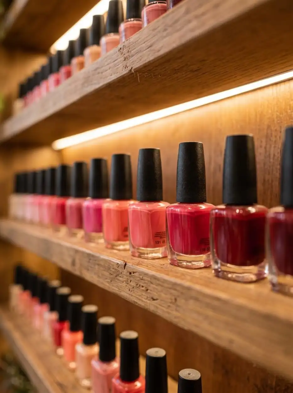 Shelves of pink and red nail polish in warm light