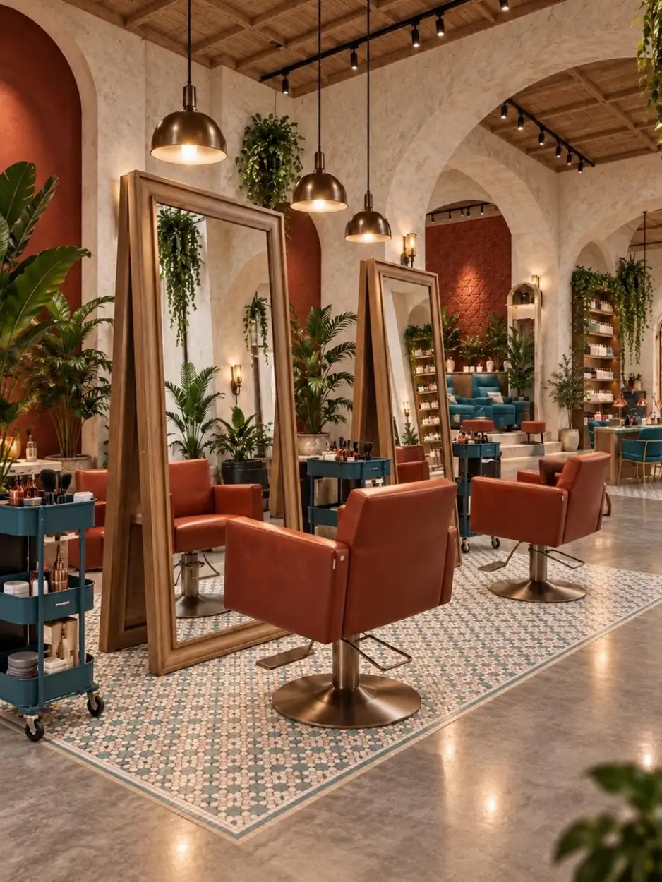 Hair studio of terracotta leather chairs before tall timber mirrors, on a blue and ivory mosaic floor