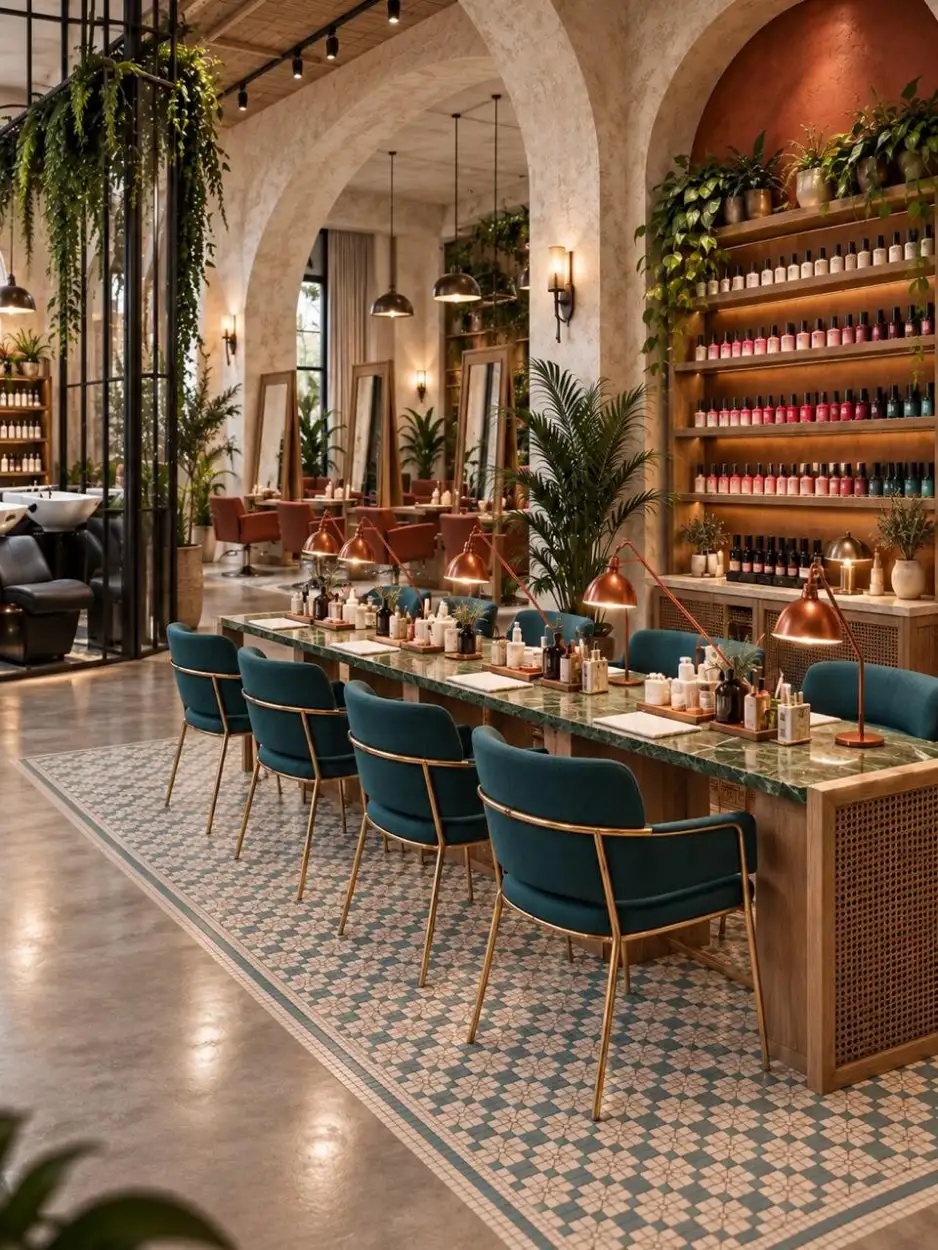 Nail bar with a green marble table, emerald velvet chairs and copper lamps under the arches