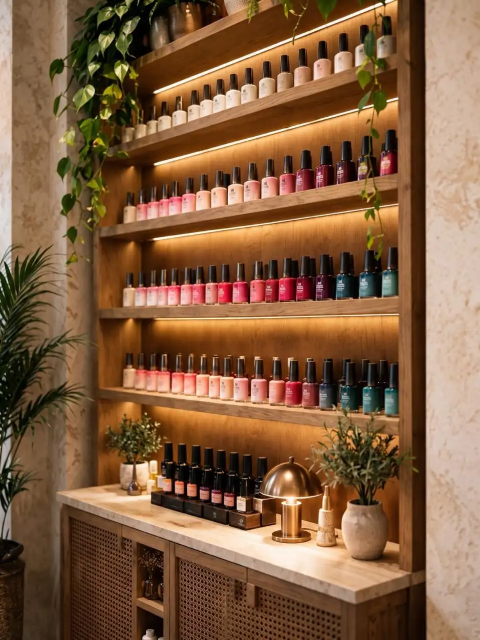 Lit timber shelves of nail polish above a cane-fronted cabinet