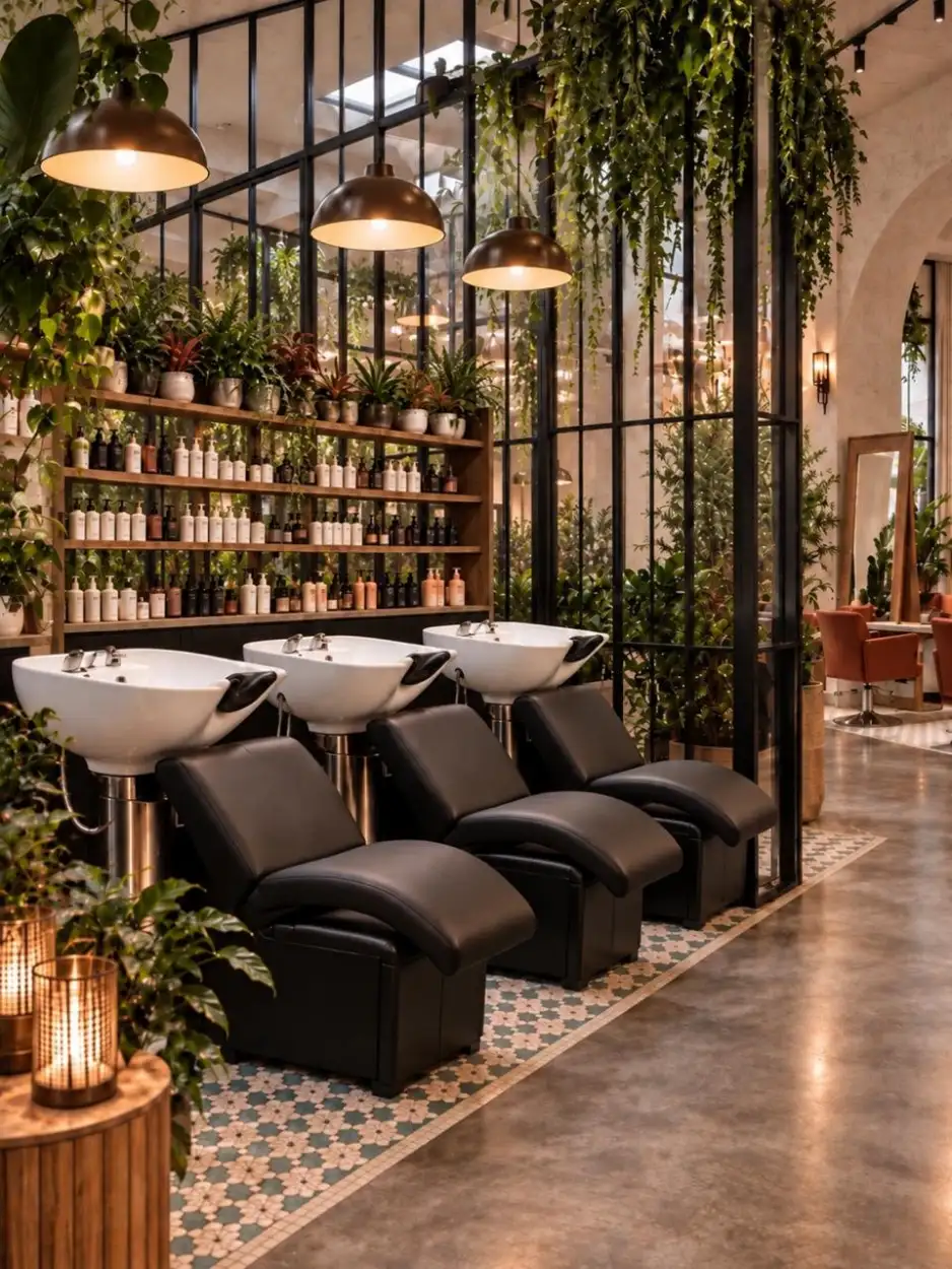 Row of washbasins with black leather chairs beside a steel-framed glass wall and hanging plants