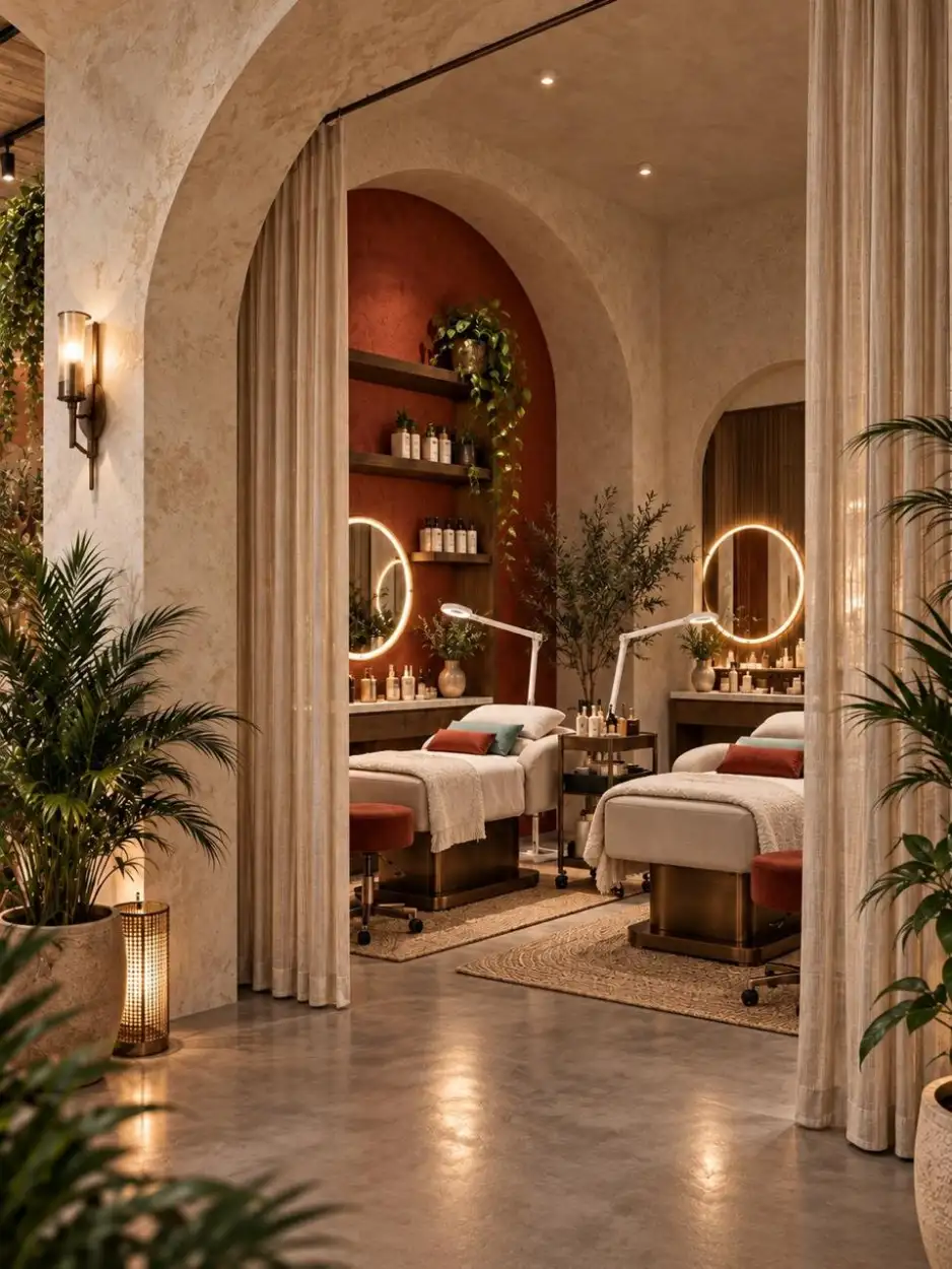 Treatment rooms through an arch and linen curtains, with round lit mirrors and terracotta stools