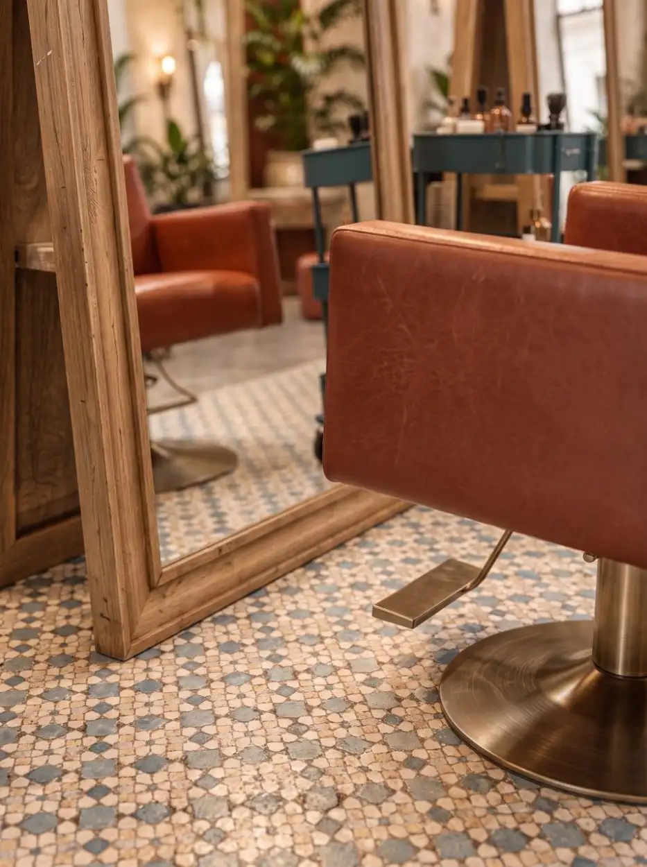 Terracotta leather styling chair on a brass base beside a timber mirror