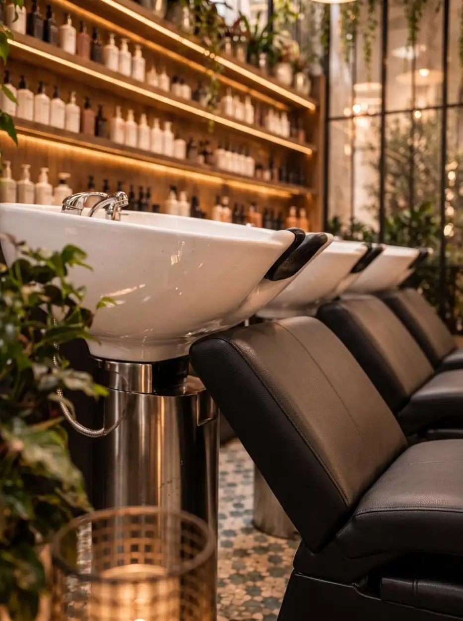 White washbasins and black leather chairs before lit shelves of products