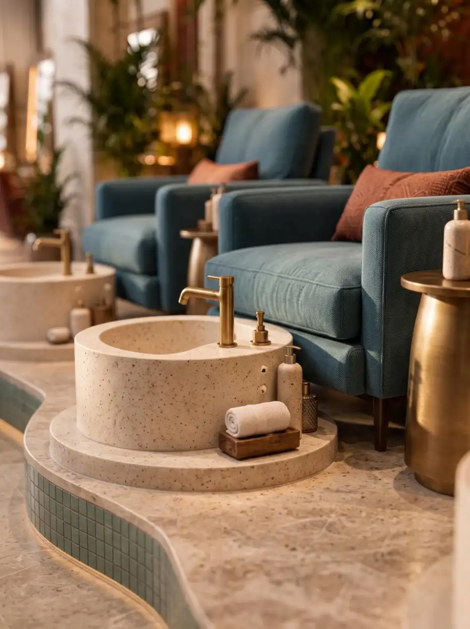 Pedicure chairs in teal with terrazzo foot basins and brass taps
