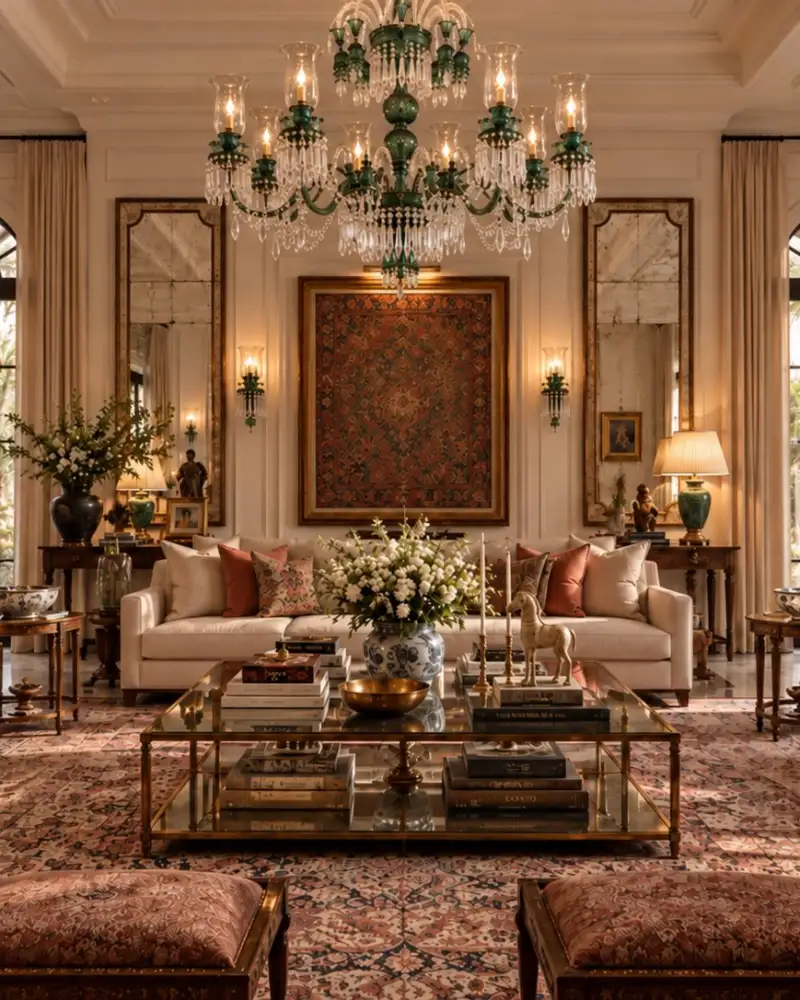Majlis with arched windows, oriental rugs and a green crystal chandelier