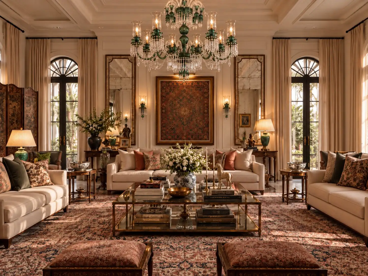 Majlis with arched windows, oriental rugs and a green crystal chandelier