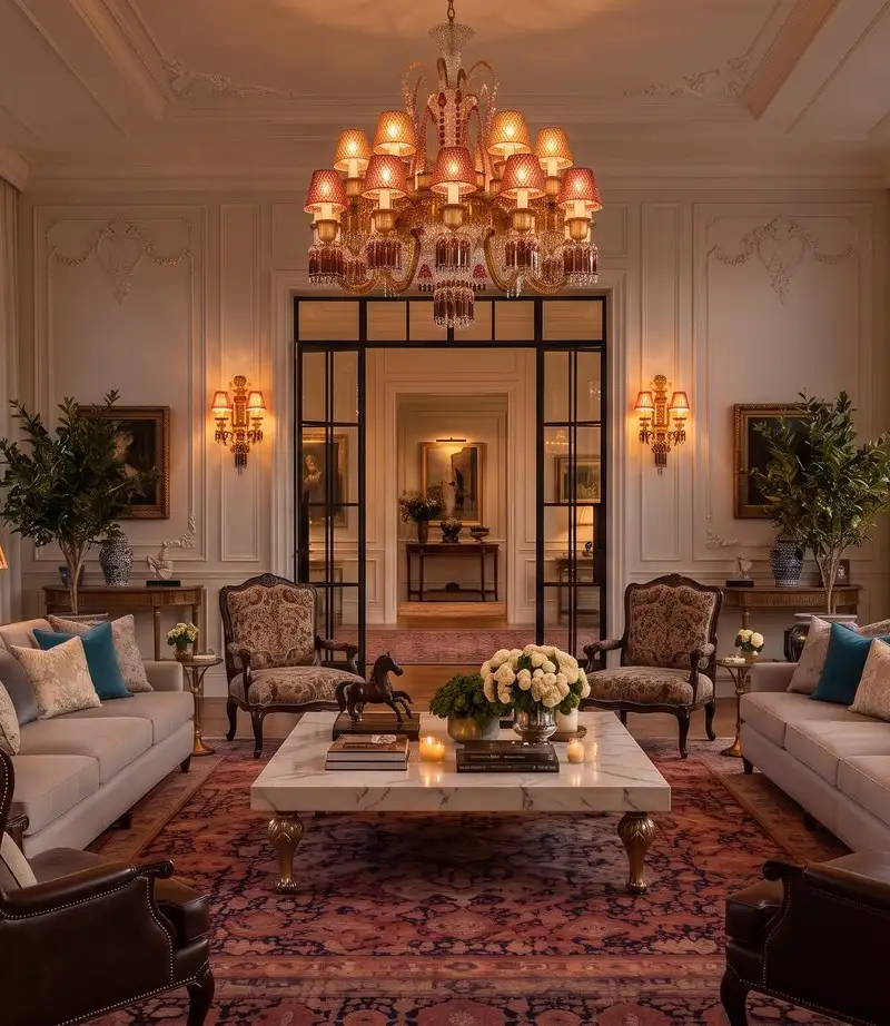 Private majlis with floor-to-ceiling windows and a red crystal chandelier