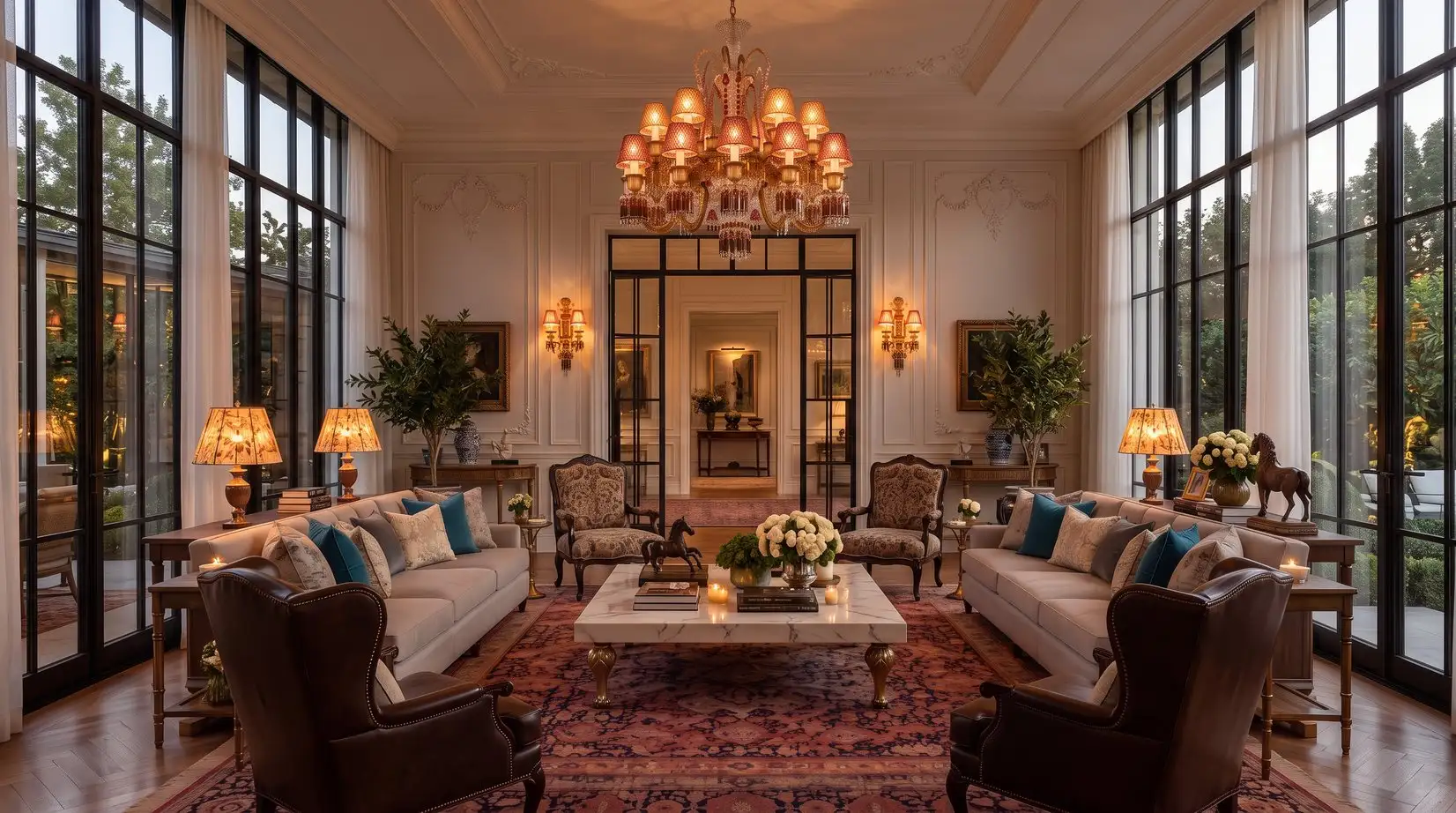 Private majlis with floor-to-ceiling windows and a red crystal chandelier