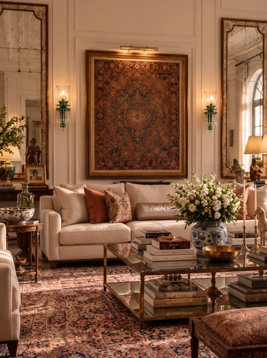 Oriental tapestry above an ivory sofa