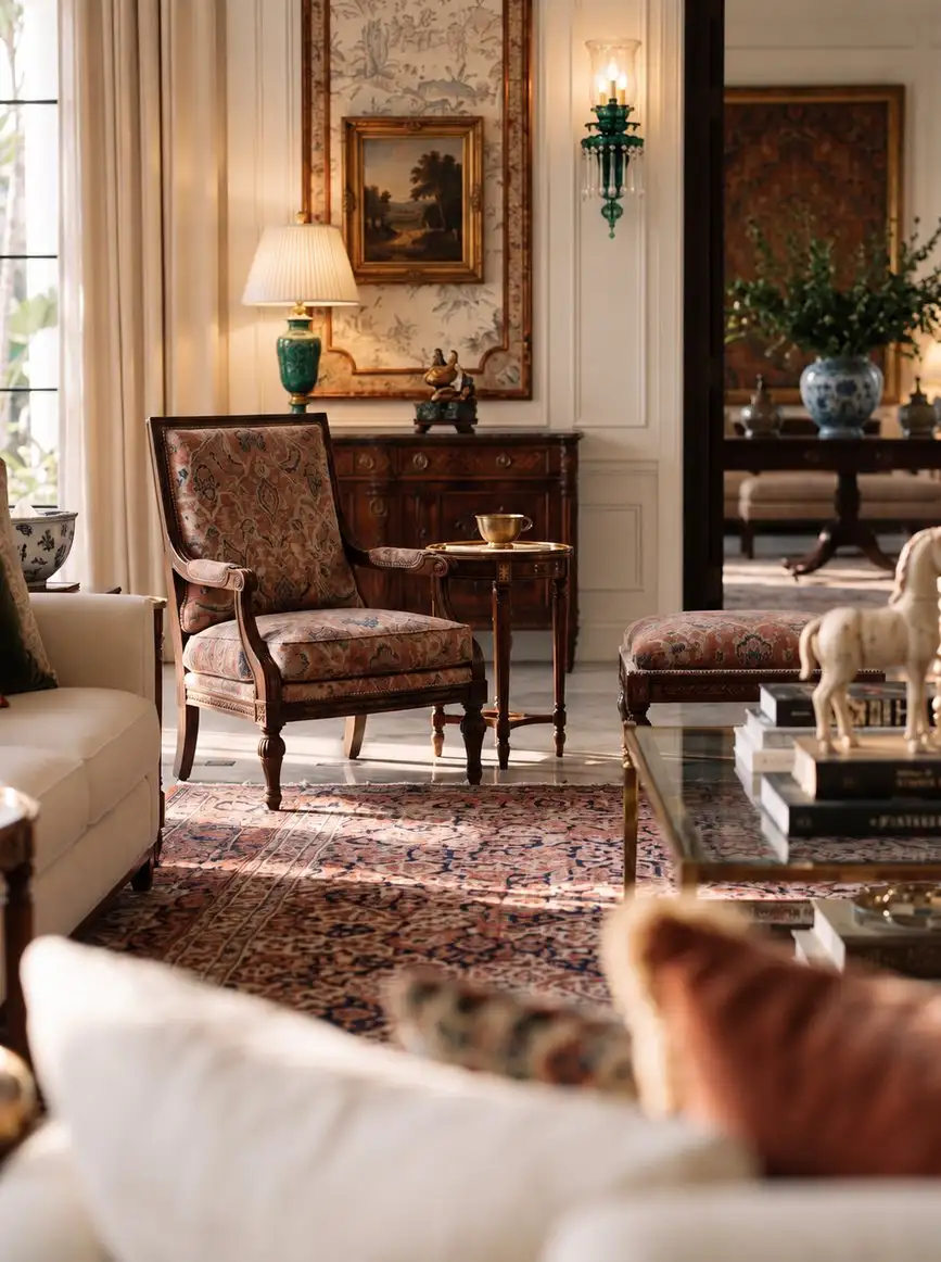 Leather armchair and antique furniture by the window