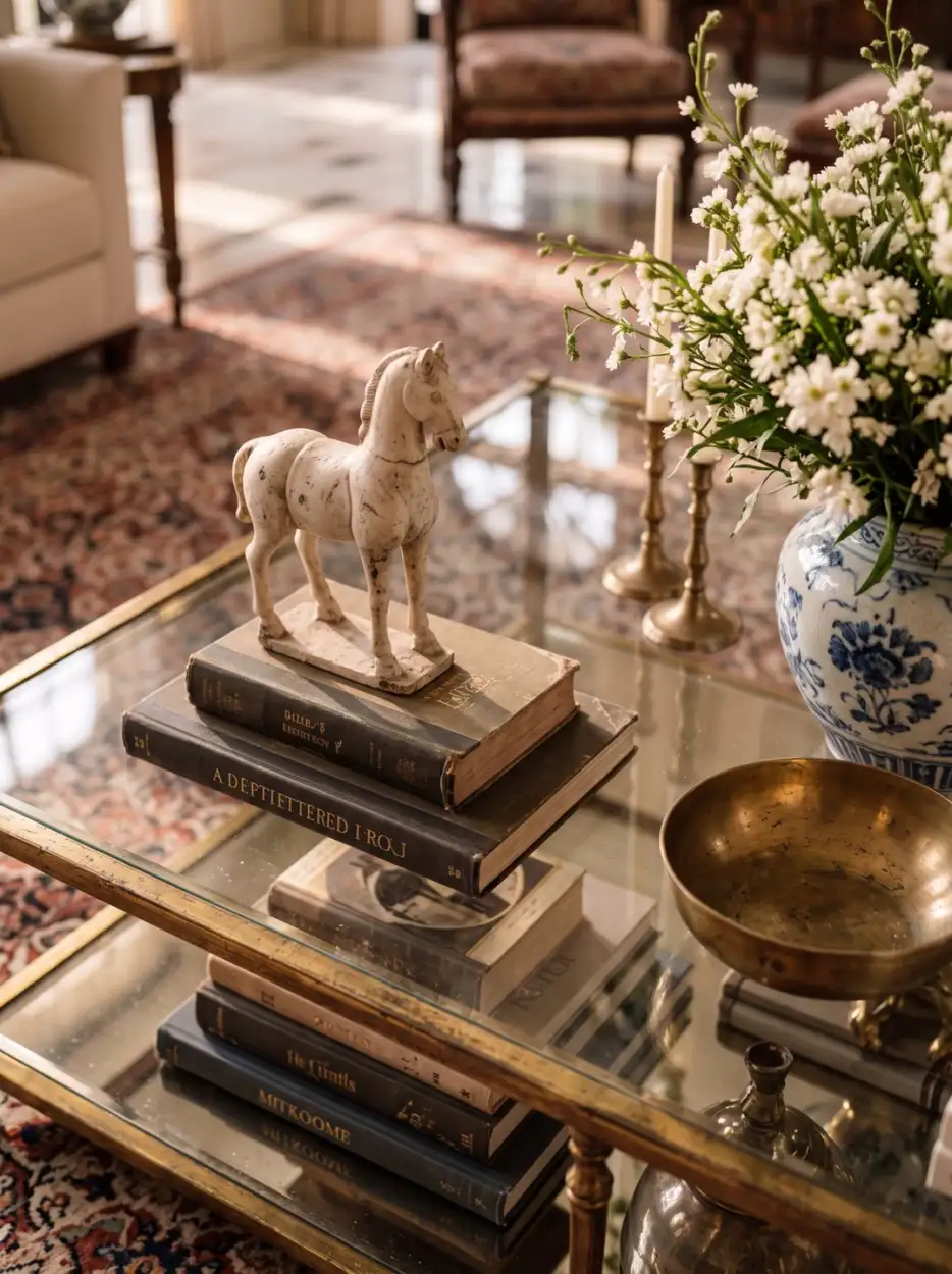Glass table with books, a porcelain vase and a horse figure