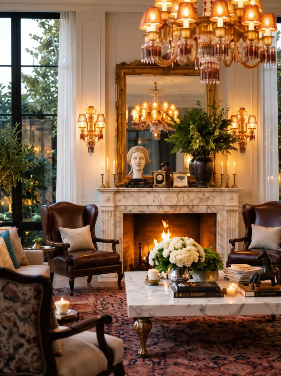 Marble fireplace beneath a gilded mirror and a red chandelier