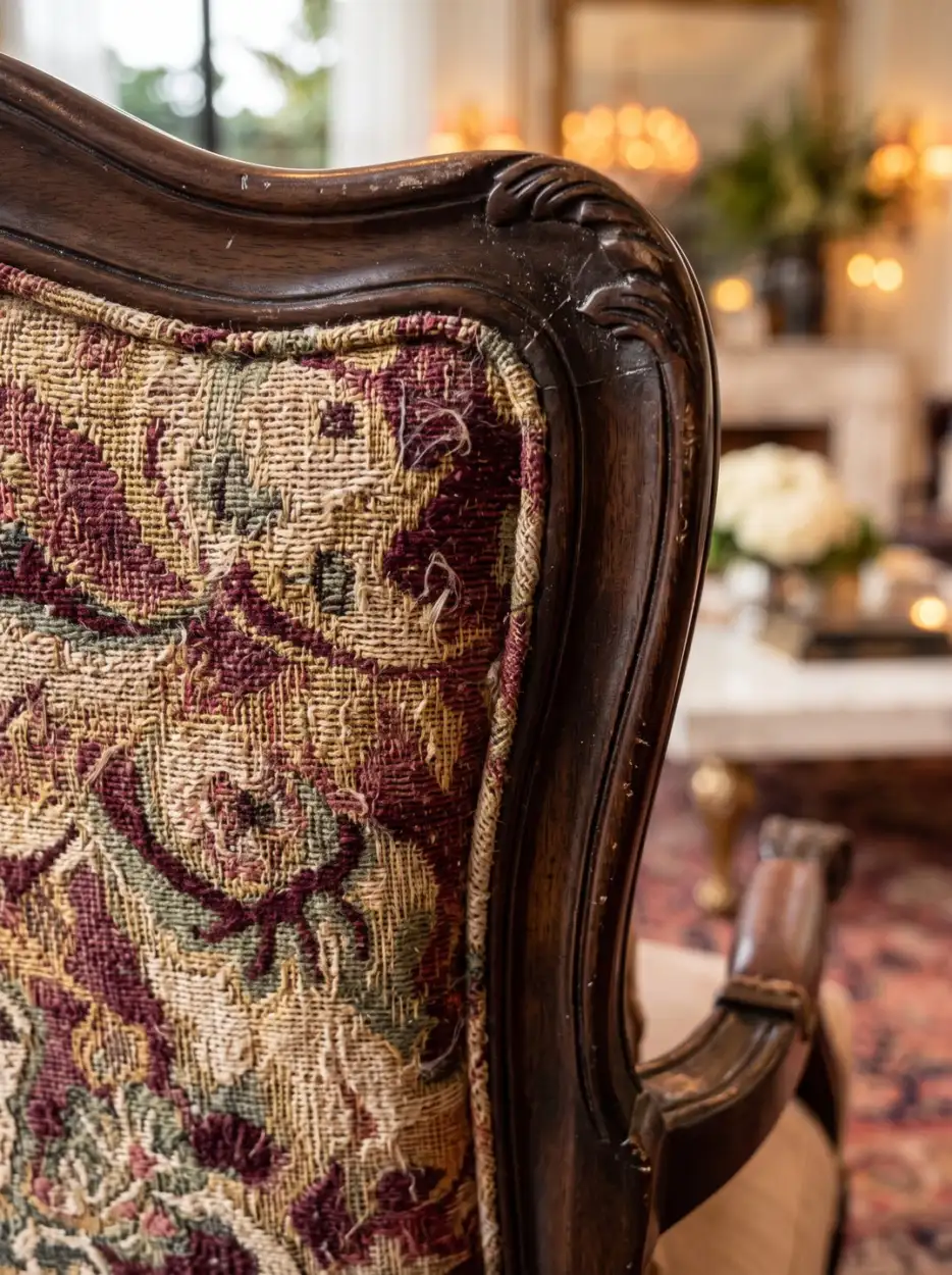 Carved chair in burgundy tapestry fabric