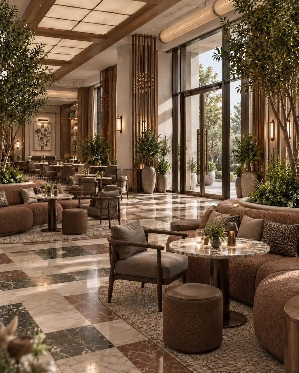 Café of curved terracotta banquettes, marble tables and olive trees in afternoon light