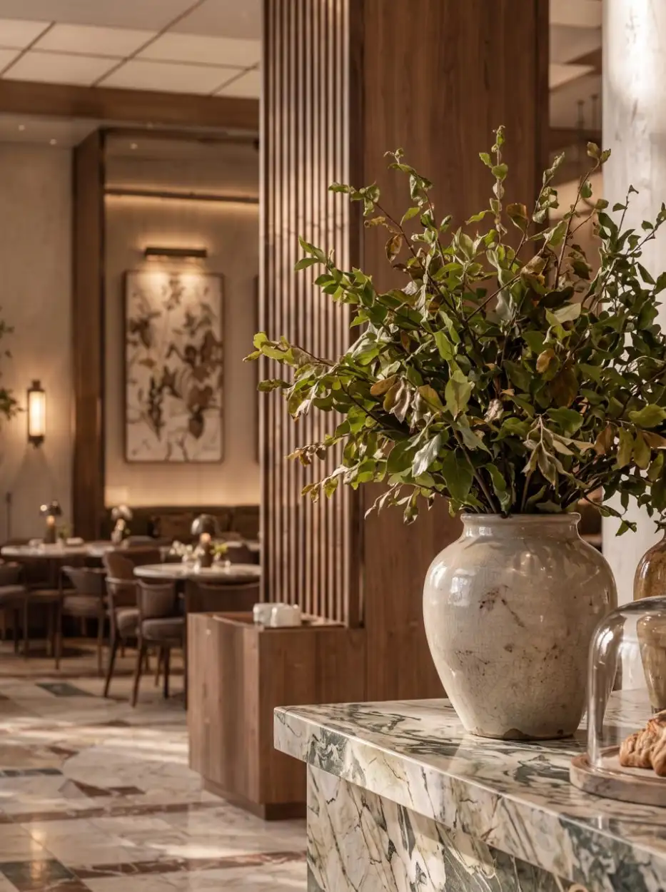 Vase of greenery on the counter with the dining room beyond