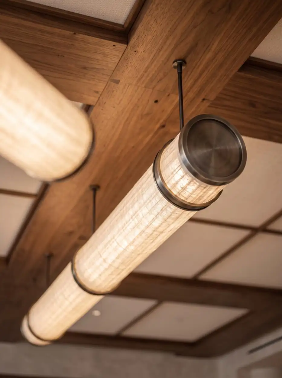 Linen pendant light beneath timber beams