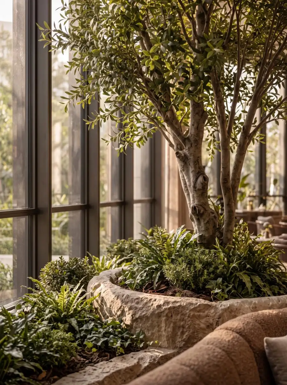 Olive tree in a stone planter by the windows