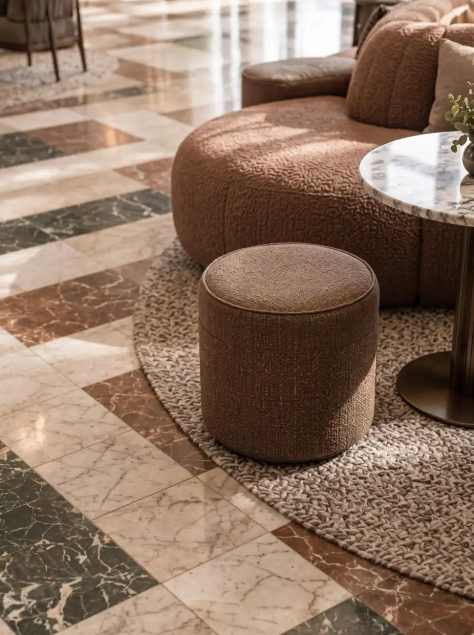 Bouclé banquette and pouf on a marble floor