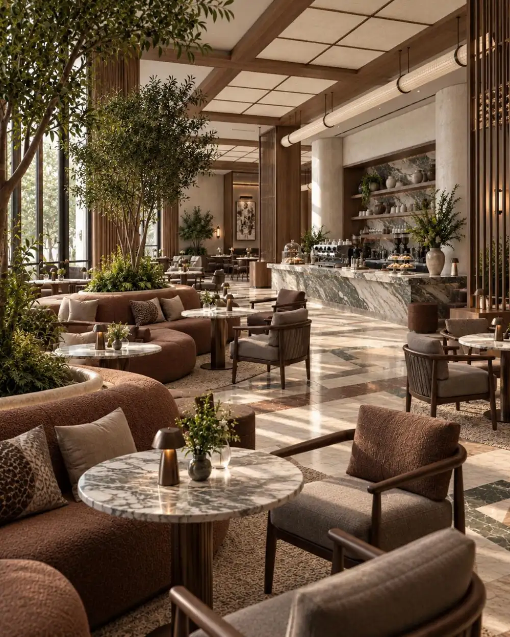 Café seating toward the marble coffee bar