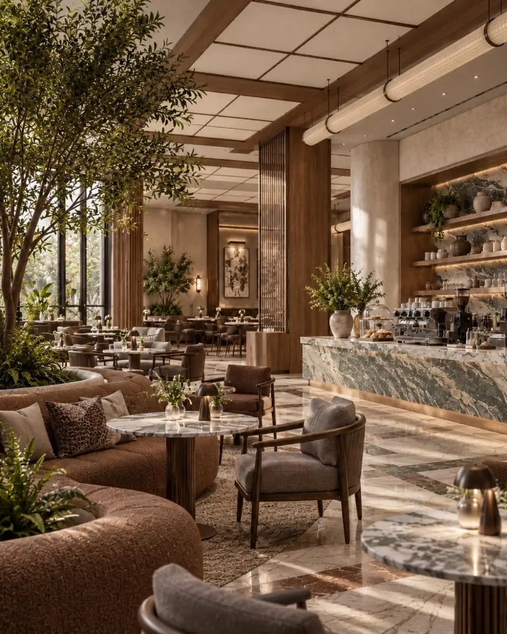 Coffee bar in green-veined marble beyond the seating