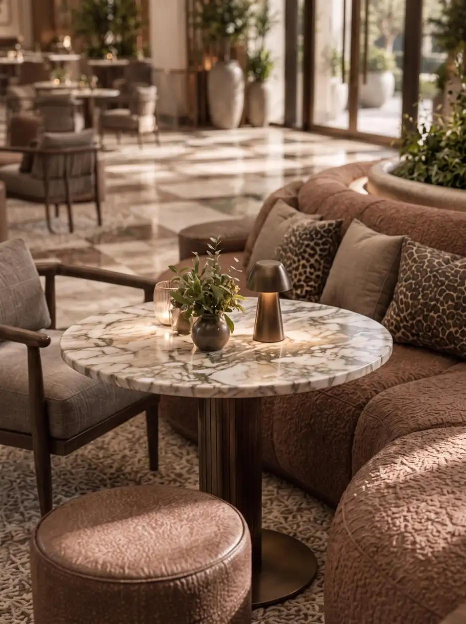 Round marble table between a curved banquette and an armchair