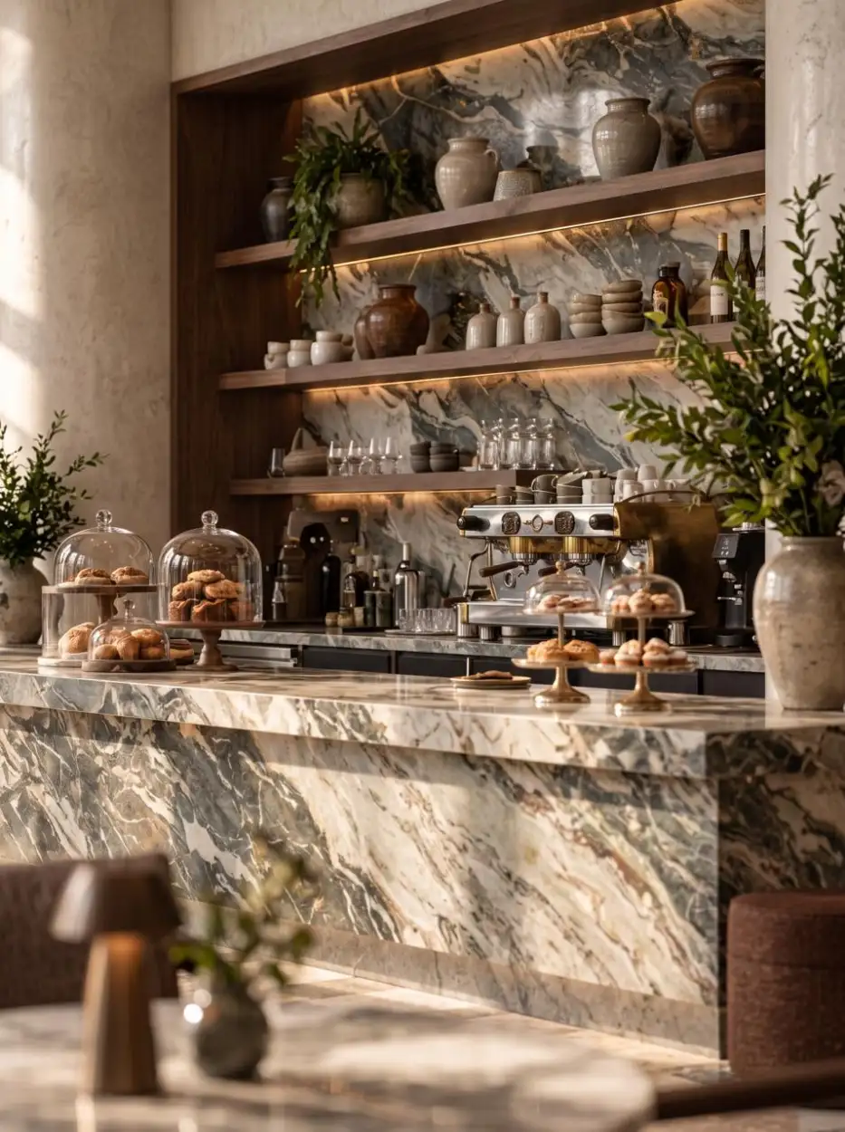 Pastry counter in marble before open shelves
