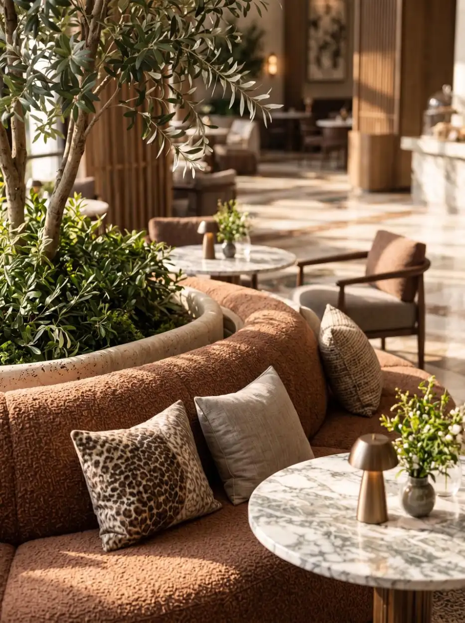 Banquette with leopard-print cushions around an olive planter