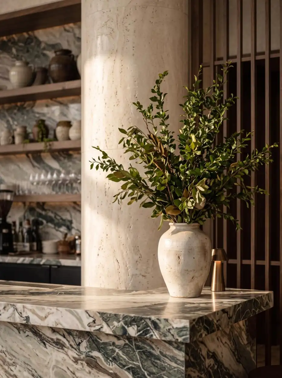 Ceramic vase of greenery on the marble counter